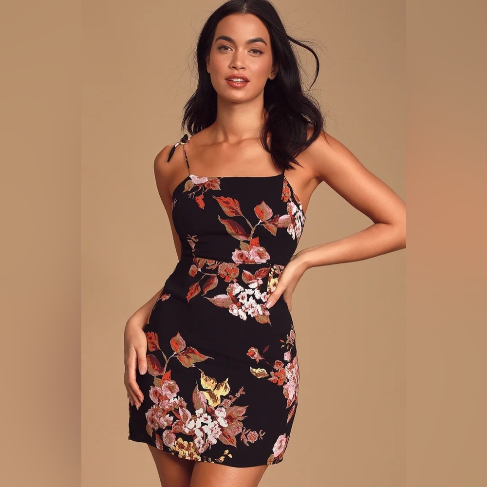 Lulus Captivated by You Black Floral Print Tie-Strap Mini Dress